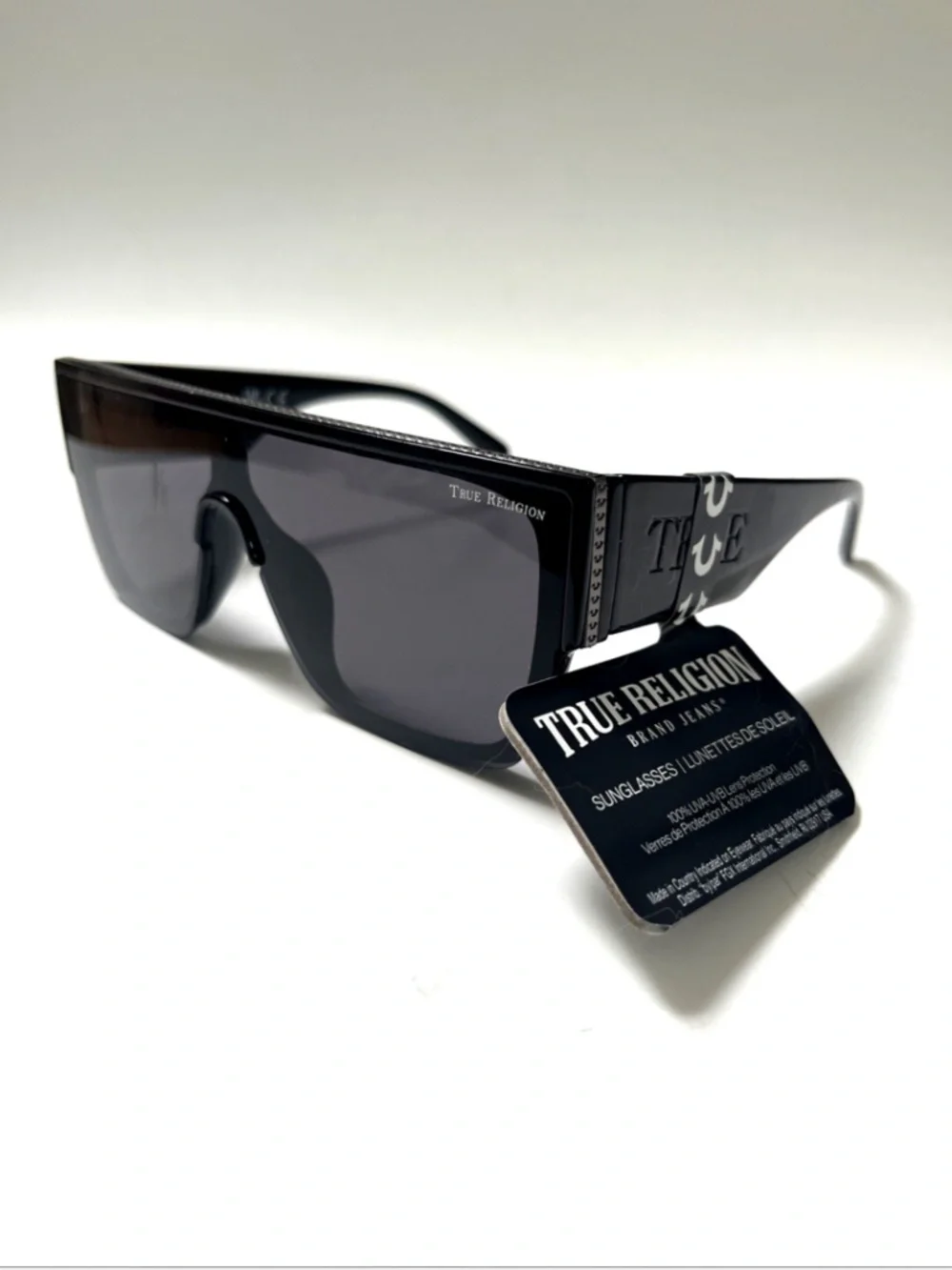 New TRUE RELIGION Shield Sunglasses Black Embossed Logo Acetate Glossy